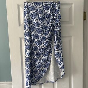 Blue and White Printed asymmetrical Midi Skirt